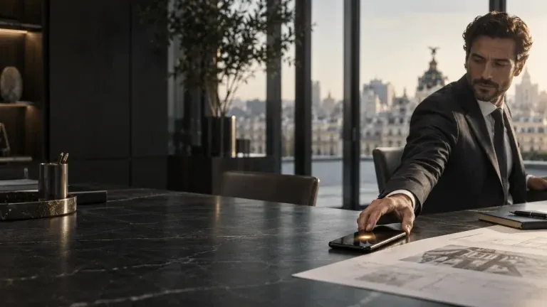 Hombre en una mesa de reuniones con vistas a los edificios de Madrid