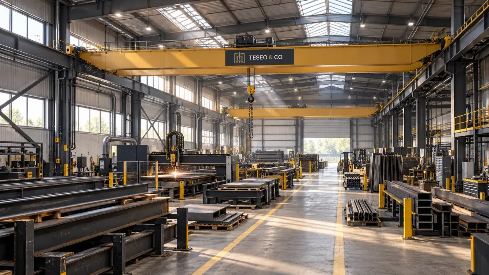Nave industrial con puente grúa, maquinaria y zonas de trabajo